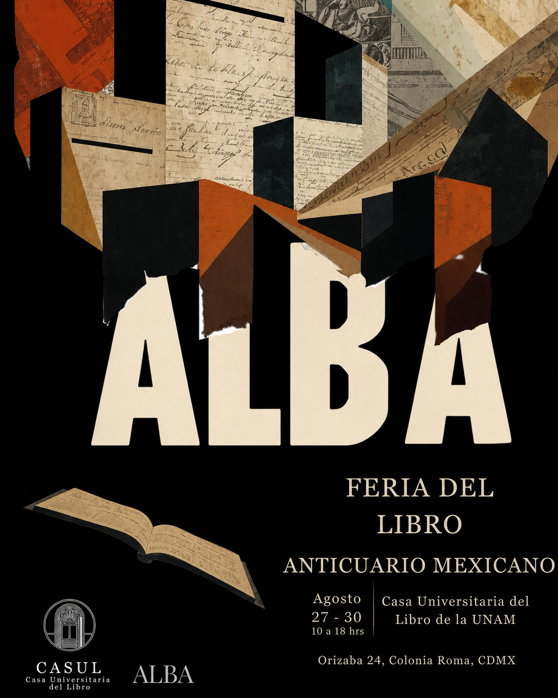 Cartel de ALBA Feria del Libro Anticuario Mexicano, del 27 al 30 de agosto en CASUL, Ciudad de México